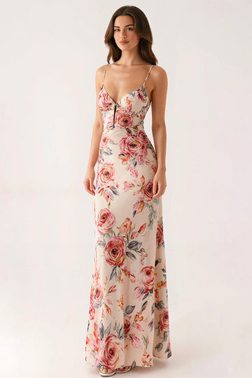 Light Pink Floral V Neck Sheath Long Evening Dress
